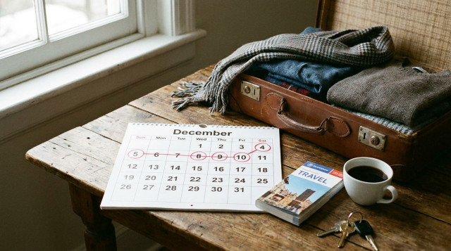 calendario de diciembre con el puente de diciembre marcado, del sábado 5 al martes 8, sobre una mesa con maleta de viaje