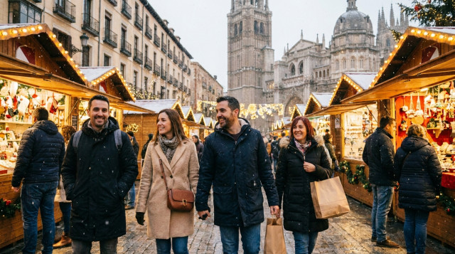 viajeros caminando por un mercado navideño iluminado durante el puente de diciembre