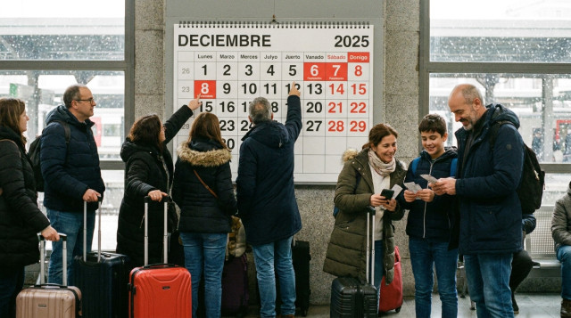 Personas consultando un calendario laboral en una estación de tren con maletas preparadas para el puente de diciembre