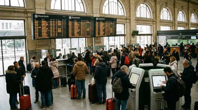 viajeros consultando paneles de salidas y reservas de billetes para el puente de diciembre en una estación de tren