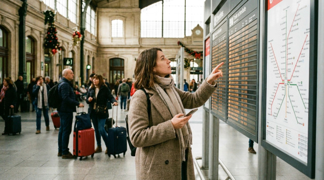 viajera consultando los horarios de tren y el mapa de rutas en una estación ferroviaria durante el puente de diciembre