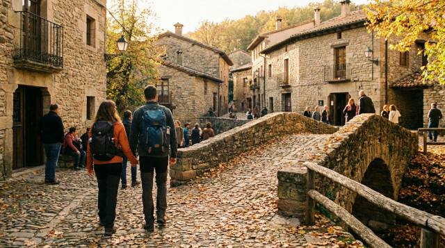 Pareja caminando con mochilas por un pueblo medieval durante el otoño en el puente de Todos los Santos