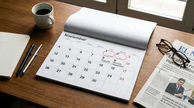 Vista aérea de un calendario sobre una mesa de trabajo con anotaciones marcadas en el Puente de Todos los Santos