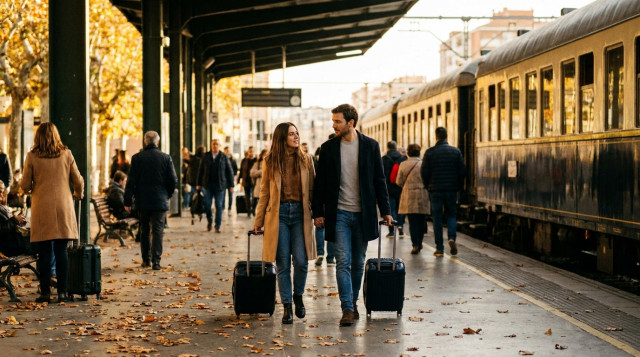Pareja caminando con maletas en una estación de tren durante un viaje de otoño en el puente de Todos los Santos