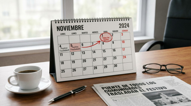 calendario de noviembre sobre una mesa de oficina con anotaciones del festivo de Todos los Santos