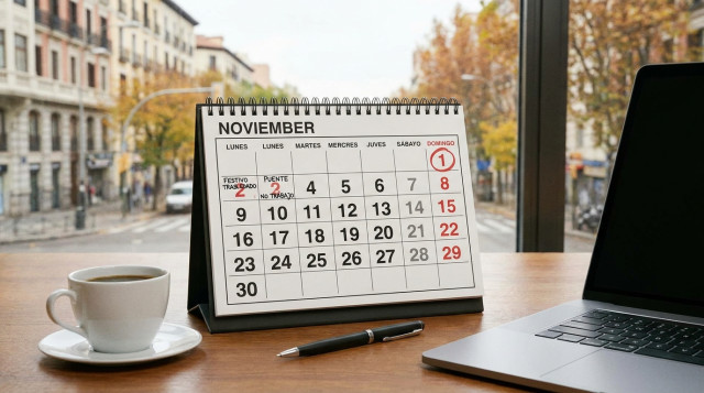 calendario de mesa señalando el 1 de noviembre en domingo y el lunes siguiente con notas laborales
