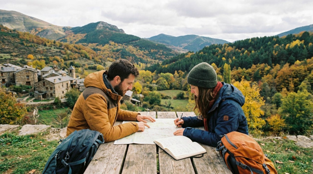 pareja consultando un mapa y una agenda de viajes frente a un paisaje otoñal en un destino rural de montaña durante el puente del 2 de noviembre