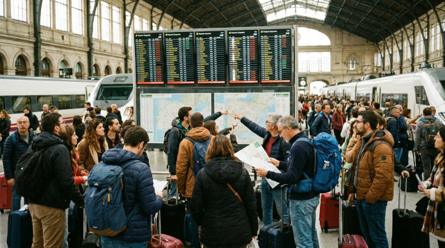 viajeros consultando paneles de salidas y mapas en una concurrida estación durante el puente del Pilar