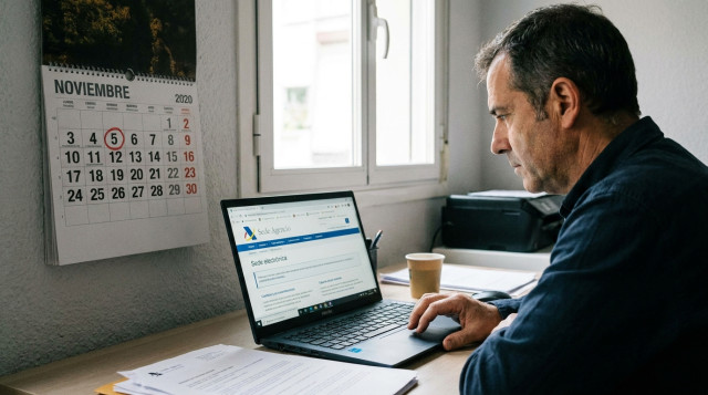 contribuyente consultando en un portátil el pago fraccionado de la renta en la Sede electrónica de la Agencia Tributaria, con el calendario de noviembre al lado