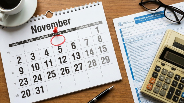 calendario de noviembre con el jueves 5 marcado junto a un documento de declaración de la renta fraccionada y una calculadora