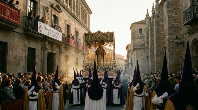 procesión de la Semana Santa de 2027 en una calle histórica de una ciudad española al atardecer