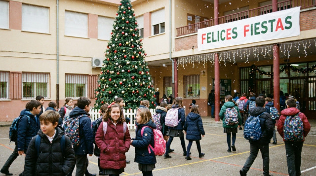 alumnos con mochilas saliendo de un colegio en diciembre con un árbol de Navidad al fondo, ilustrando las vacaciones de Navidad en los colegios