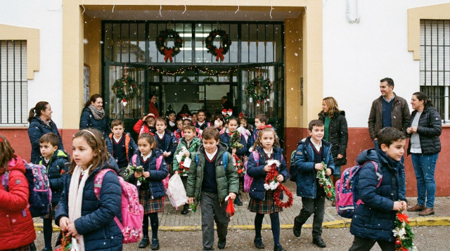 alumnos de primaria saliendo de un colegio con mochilas y adornos navideños al comenzar las vacaciones de Navidad en los colegios
