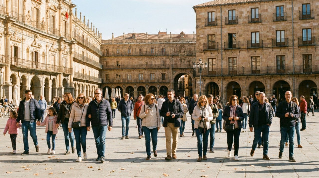 Personas paseando por una plaza histórica de España durante un día soleado de otoño, representando el turismo de puentes y festivos de la segunda mitad del año