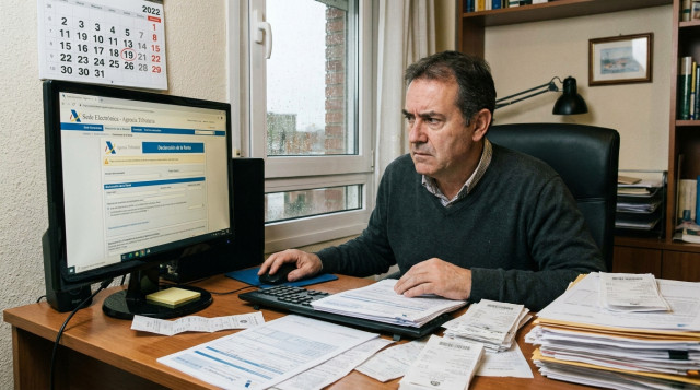 Un contribuyente preocupado revisando documentos fiscales frente a la pantalla de un ordenador con la Sede Electrónica de la Agencia Tributaria abierta para realizar la Declaración