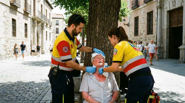 Un médico de emergencias en España atendiendo a una persona afectada por un golpe de calor a la sombra, aplicándole compresas frías en el cuello y la frente