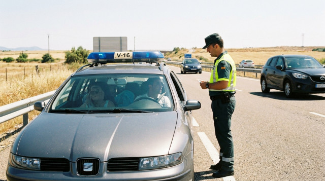 Un agente de la Guardia Civil de Tráfico realizando un control de carretera a un coche familiar en una autopista española durante un día soleado de verano