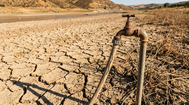 Un grifo de jardín seco con tierra agrietada de fondo, ilustrando las restricciones por sequía en España