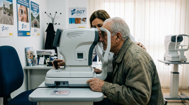 Un conductor mayor de 65 años realizando una prueba de visión en un centro de reconocimiento médico homologado para cumplir con los nuevos requisitos de la DGT para renovar el carn