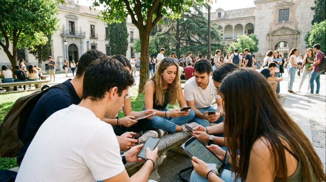 Estudiantes universitarios en un campus español consultando los plazos de preinscripción universitaria y notas de corte en sus dispositivos móviles
