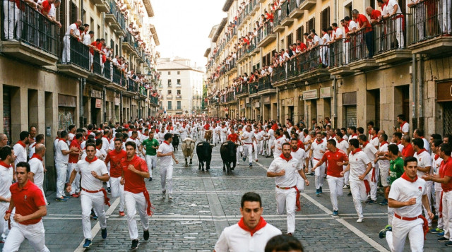 Corredores vestidos de blanco y rojo delante de los toros en la calle Estafeta durante los encierros de San Fermín 2026