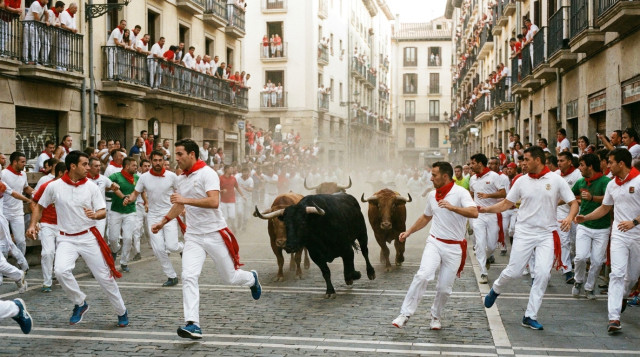 Corredores vestidos de blanco y rojo corriendo delante de los toros en la mítica curva de Mercaderes durante los encierros de San Fermín en Pamplona