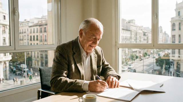 Un jubilado firmando documentos financieros en una oficina luminosa, reflejando la estabilidad económica tras la subida de las pensiones