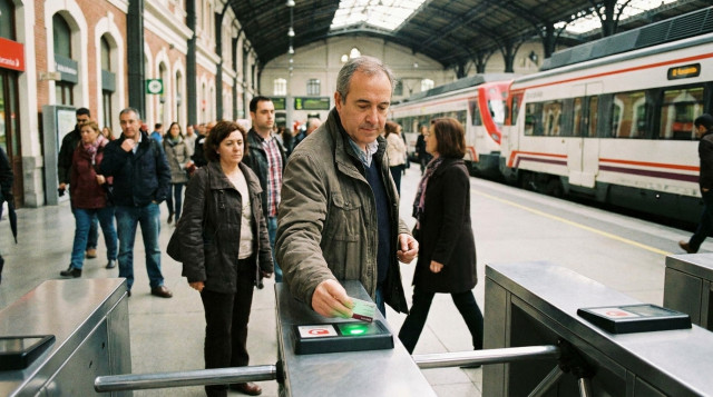 Un pasajero validando su abono gratuito de Renfe en el torno de acceso de una estación de Cercanías en Madrid