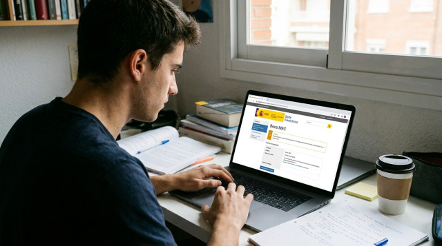 Un estudiante frente a un ordenador portátil consultando la Sede Electrónica para verificar el estado de su solicitud de las Becas MEC
