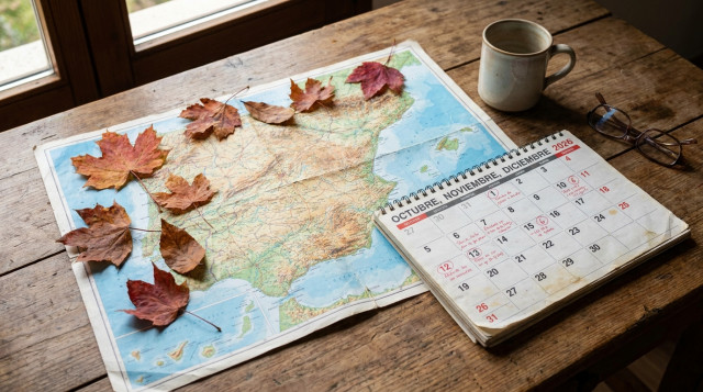 Mapa de España rodeado de hojas secas de otoño y marcas en el calendario de festivos de otoño 2026