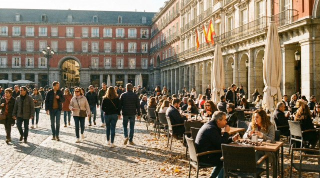 Personas paseando por una plaza histórica de España durante un día festivo soleado de otoño