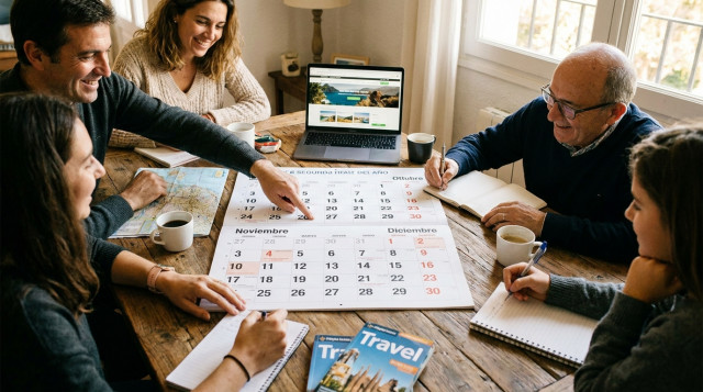 Personas planificando sus vacaciones de otoño con un calendario de festivos en España sobre una mesa de madera