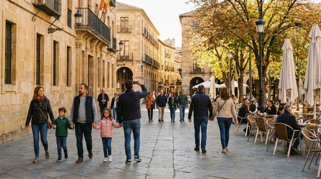 Personas paseando por una plaza histórica de España durante un día soleado de otoño, representando el turismo nacional en los puentes de 2026