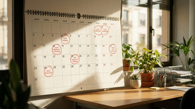 Un calendario de pared marcado con círculos rojos en los días festivos y puentes de España sobre un fondo de oficina luminoso