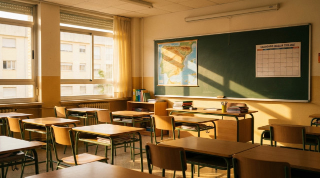 aula de colegio vacía y soleada preparada para el inicio del calendario escolar 2026-2027