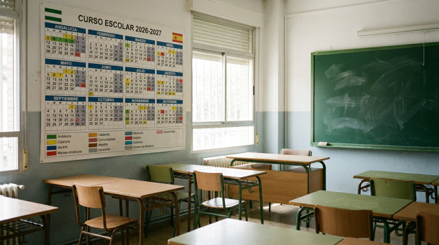aula escolar vacía con luz natural y un calendario del curso 2026-2027 en la pared