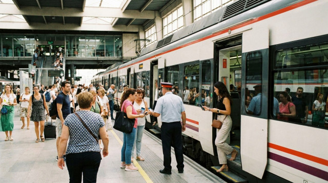 Un tren de Renfe Cercanías llegando a una estación de Madrid con pasajeros esperando en el andén, representando el uso del abono gratuito de Renfe