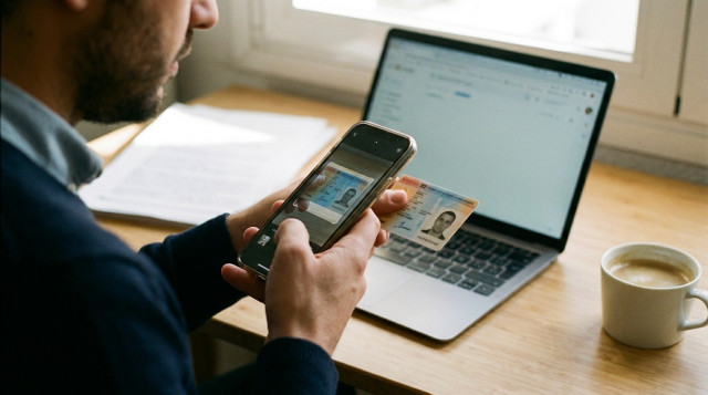 Persona sosteniendo un teléfono móvil inteligente sobre su DNI electrónico para escanearlo mediante tecnología NFC y solicitar el certificado digital de la FNMT