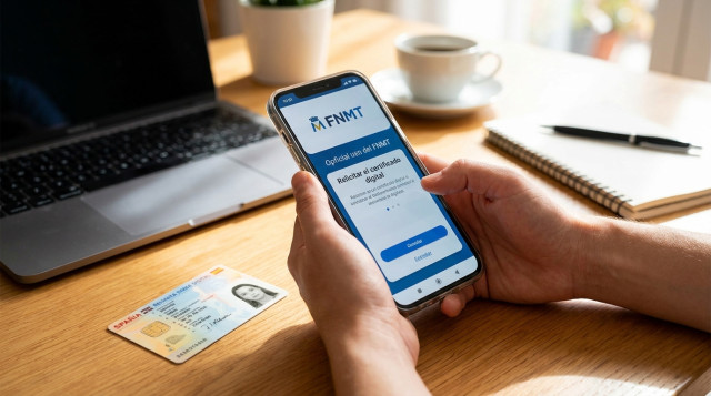 Una persona sosteniendo un teléfono móvil moderno en el que se muestra la aplicación oficial de la FNMT para solicitar el certificado digital, con un DNI español sobre la mesa de f