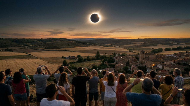 Personas equipadas con gafas especiales observando el eclipse solar total de agosto desde un mirador elevado en Castilla y León durante el atardecer