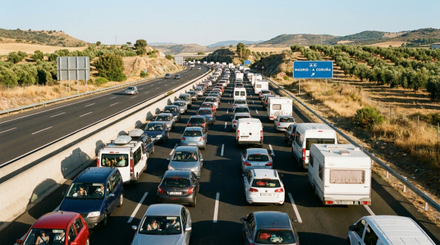 Carretera española con tráfico denso durante la operación salida del festivo del 15 de agosto bajo un cielo despejado de verano