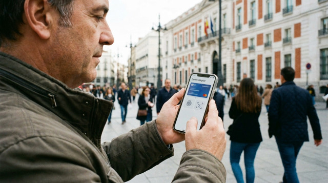 Un ciudadano sosteniendo un teléfono móvil que muestra la interfaz de la Cartera Digital con opciones de seguridad y autenticación biométrica