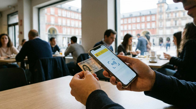 Persona activando el DNI digital en su teléfono móvil mediante el chip NFC en España