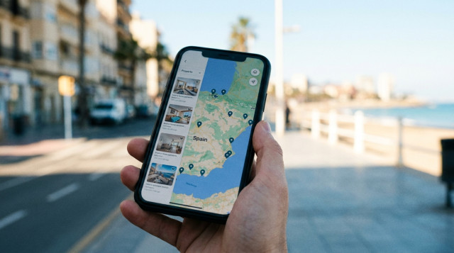 Un primer plano de un teléfono móvil mostrando una aplicación de alquiler de pisos turísticos con un mapa de España de fondo