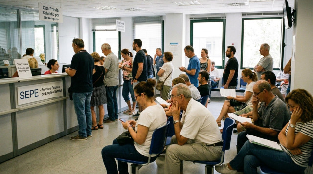 Oficina del Servicio Público de Empleo Estatal SEPE con ciudadanos esperando para realizar trámites sobre el subsidio por desempleo