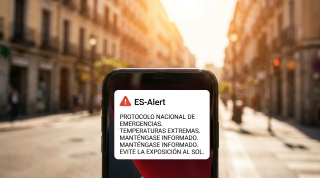 Un primer plano de un teléfono móvil mostrando una alerta de emergencia en pantalla con el texto del protocolo nacional de emergencias ES-Alert, con un fondo urbano difuminado bajo