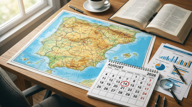 mapa de España con el calendario de agosto señalando el festivo del 15 de agosto de 2026 y cuadros informativos de normativas laborales