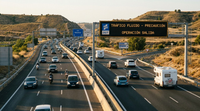 Carretera española con tráfico fluido durante un fin de semana de verano bajo el sol, con señales de tráfico y paneles informativos de la DGT