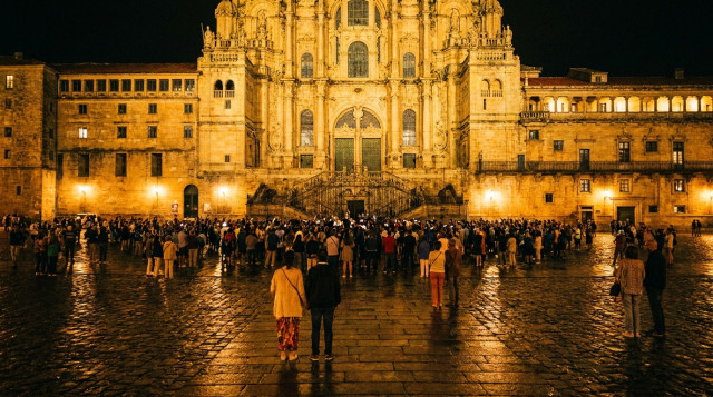 Fachada de la Catedral de Santiago de Compostela iluminada durante las celebraciones del festivo del 25 de julio con peregrinos en la Plaza del Obradoiro