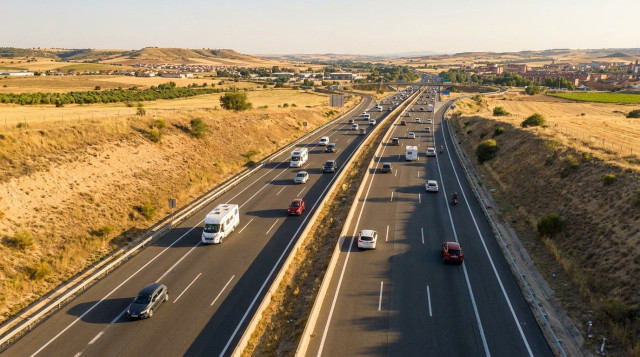 Vista aérea de una autovía en España con tráfico fluido durante la operación salida de verano, destacando la movilidad por carretera en el festivo del 25 de julio